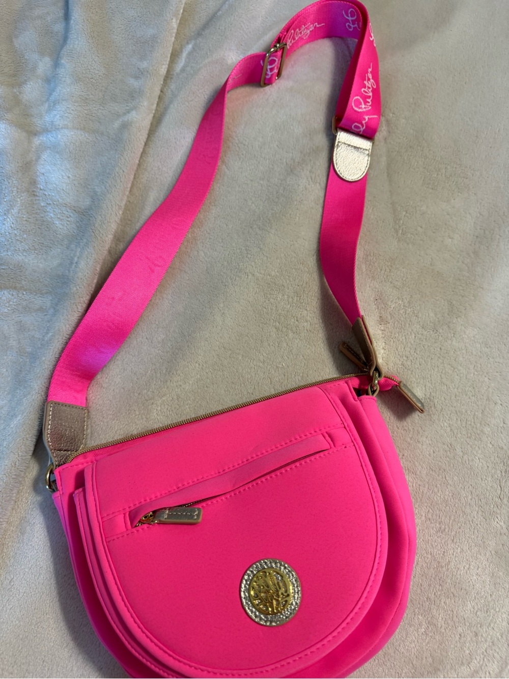 Lilly Pulitzer Hot Pink Crossbody with Logo Medallion.